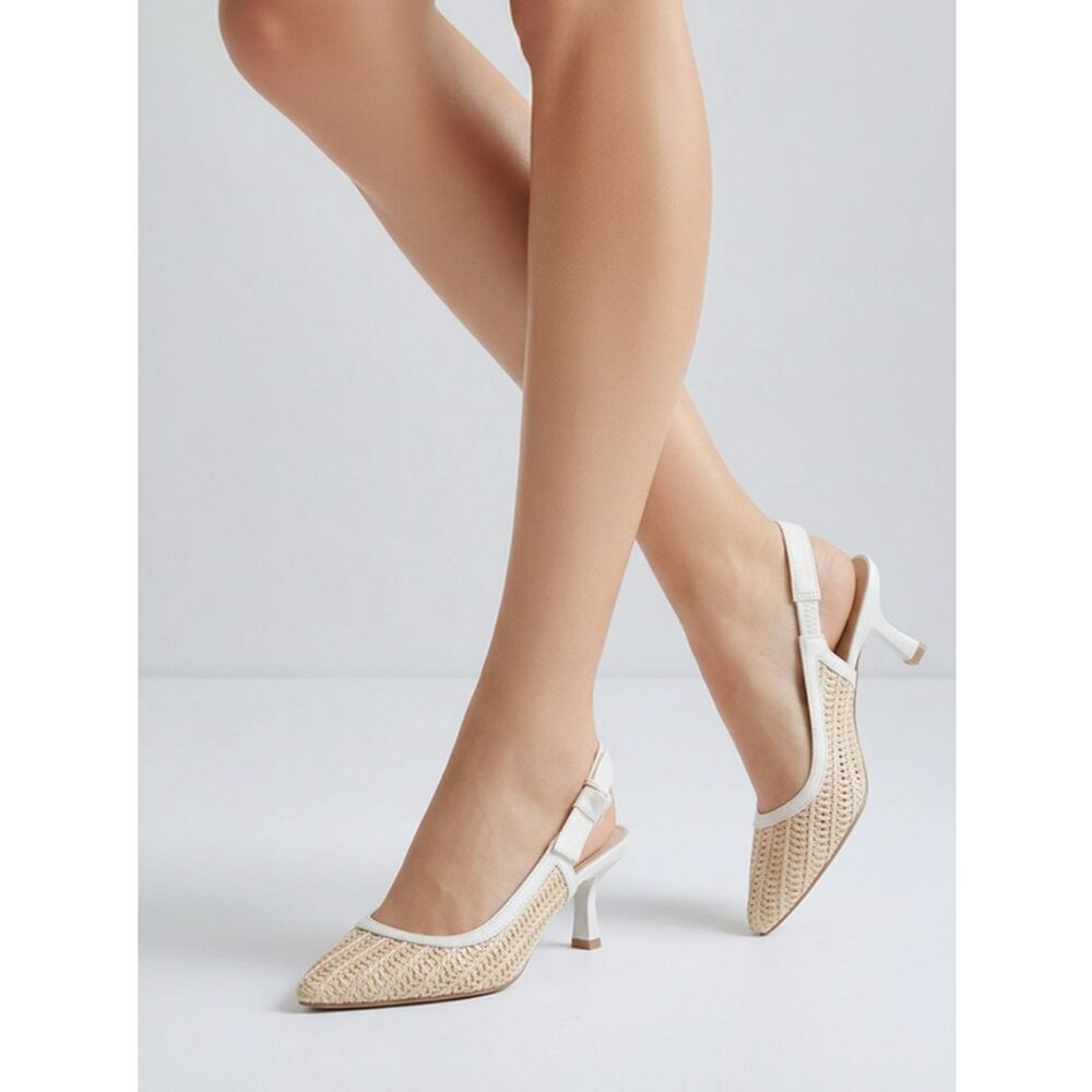A NEW DAY Women's Beige Milan Raffia Pointy Toe Kitten Heel Slingback Shoes 8